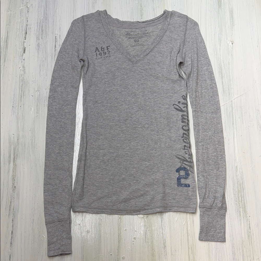 Vintage Y2K Abercrombie & Fitch Gray Long-Sleeve V-Neck Graphic Tee Sz L